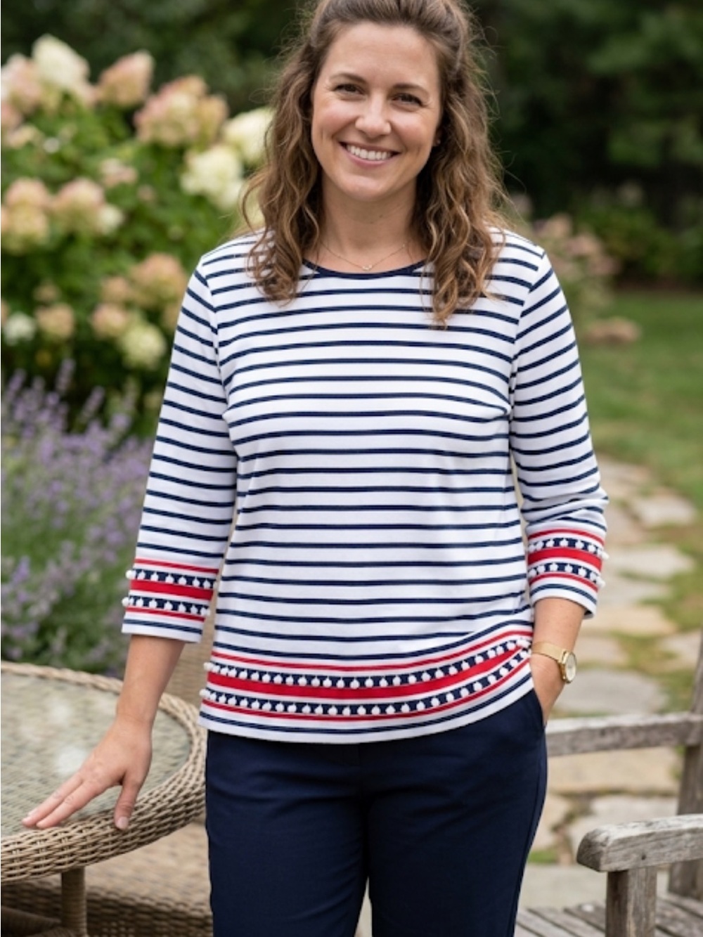 Alfred Dunner White and Navy Striped Crewneck Top # 53